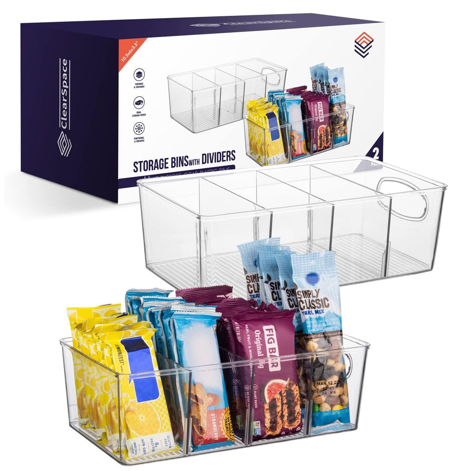 ClearSpace plastic pantry bin with removable dividers for flexible organization.