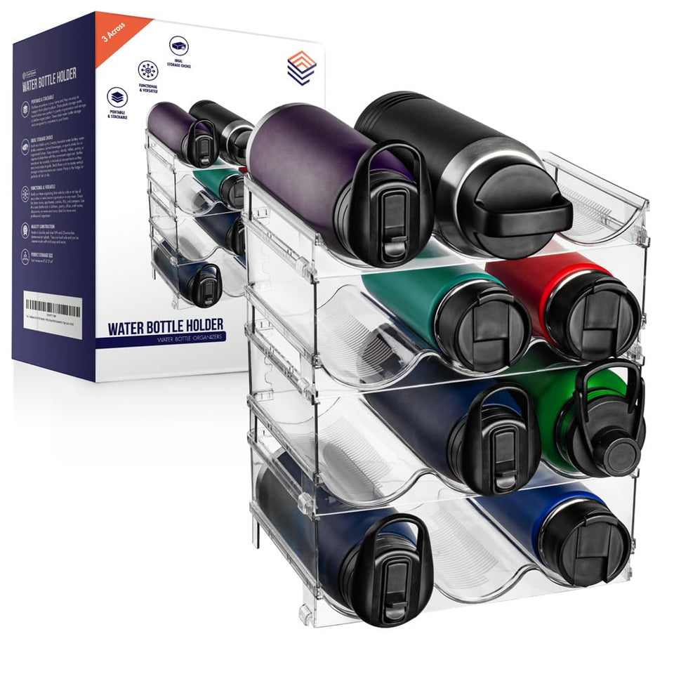 ClearSpace water bottle organizer in cabinet with stacked bottles for easy access.