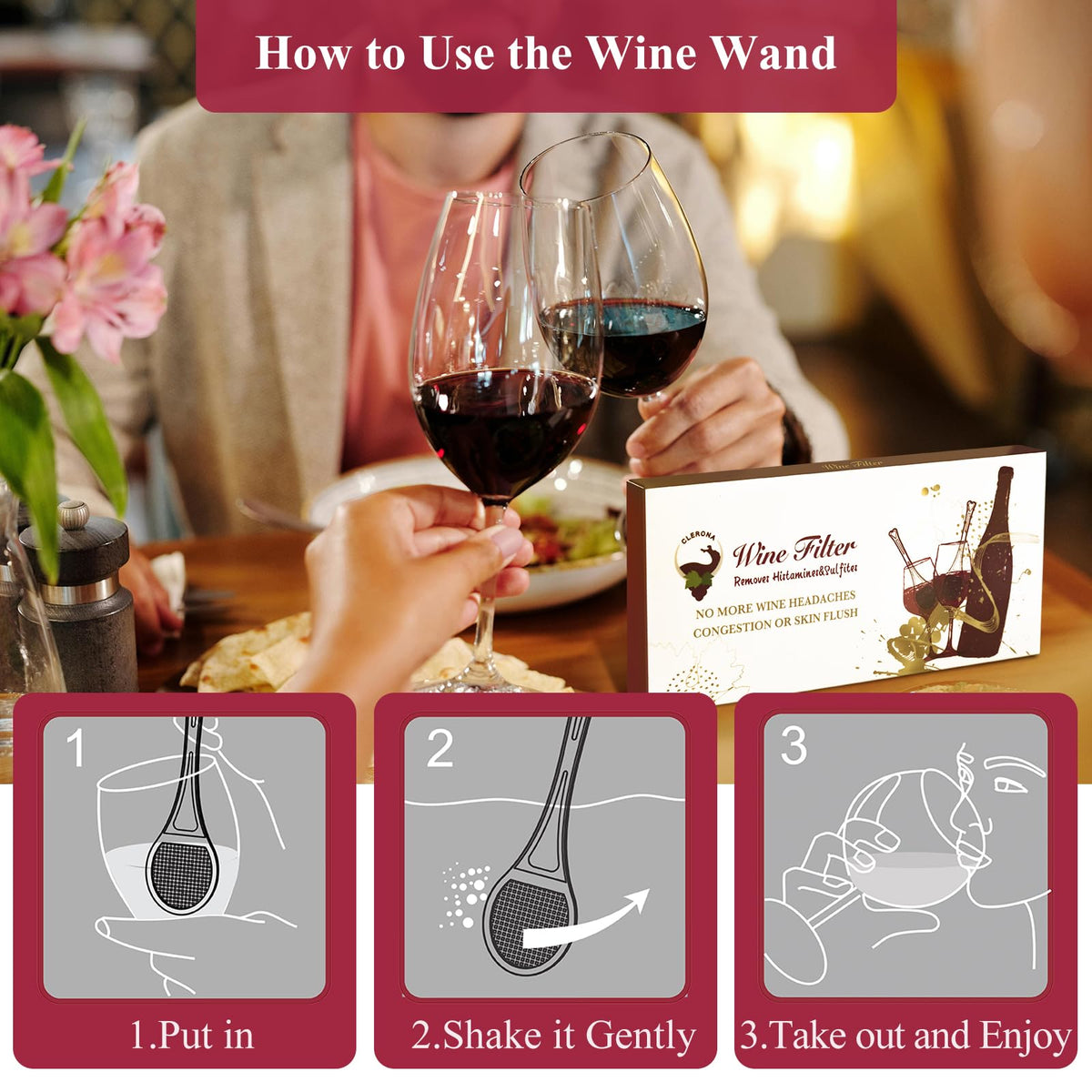 Clerona filters with red wine pouring highlight party-ready filtration options.