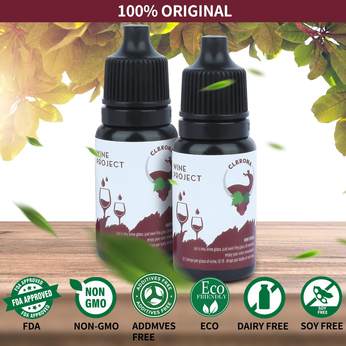 Clerona Wine Wand bottle setup with 2-3 drops per glass.