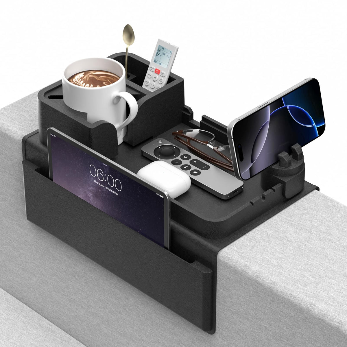 CLESOO couch arm cup holder on a sofa shows a stable silicone tray for drinks.