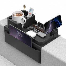 CLESOO couch arm cup holder on a sofa shows a stable silicone tray for drinks.