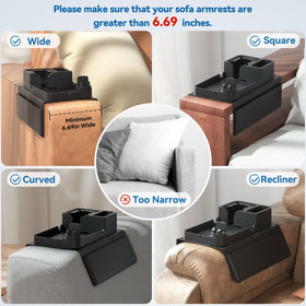 CLESOO dual pockets on the arm tray offer reachable storage for remotes and magazines.