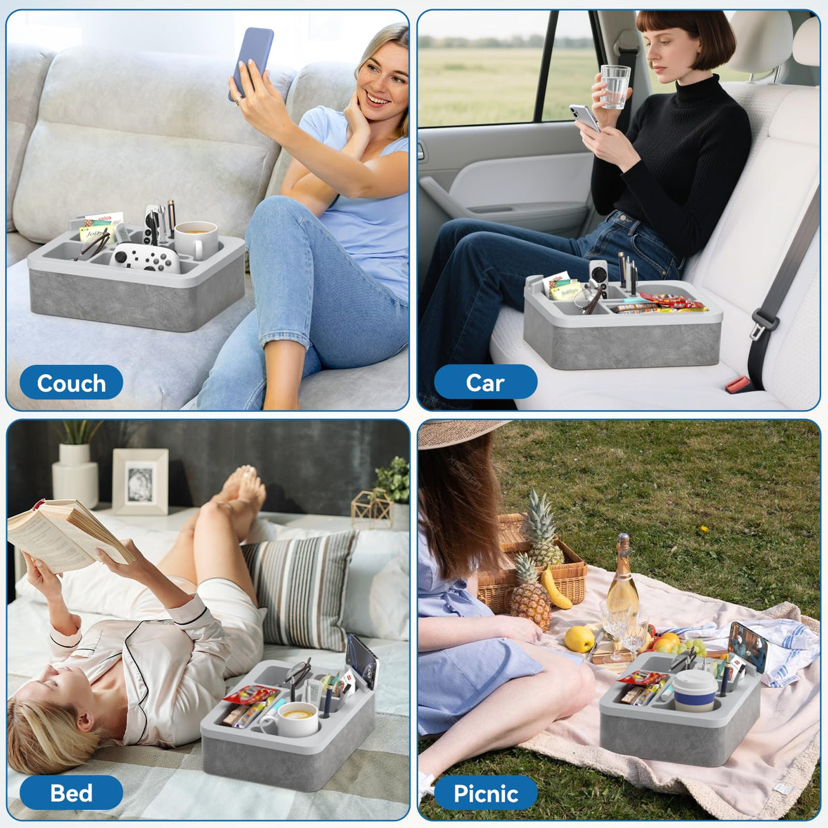 CLESOO couch cup holder tray anti-spill silicone top protects furniture from spills.