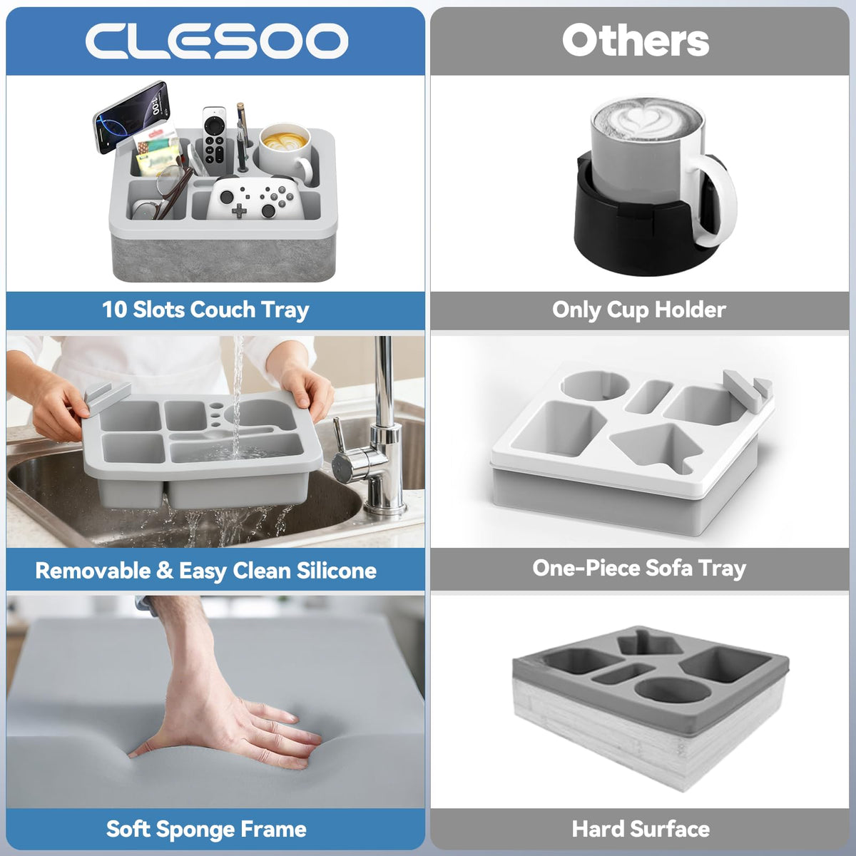 CLESOO couch cup holder tray ideal for snacks and drinks on couch, bed, or picnic.