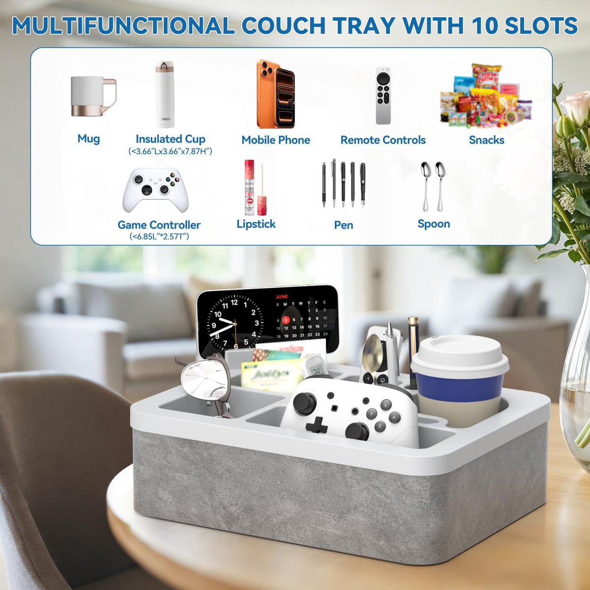 CLESOO couch cup holder tray with removable phone holder keeps devices handy.