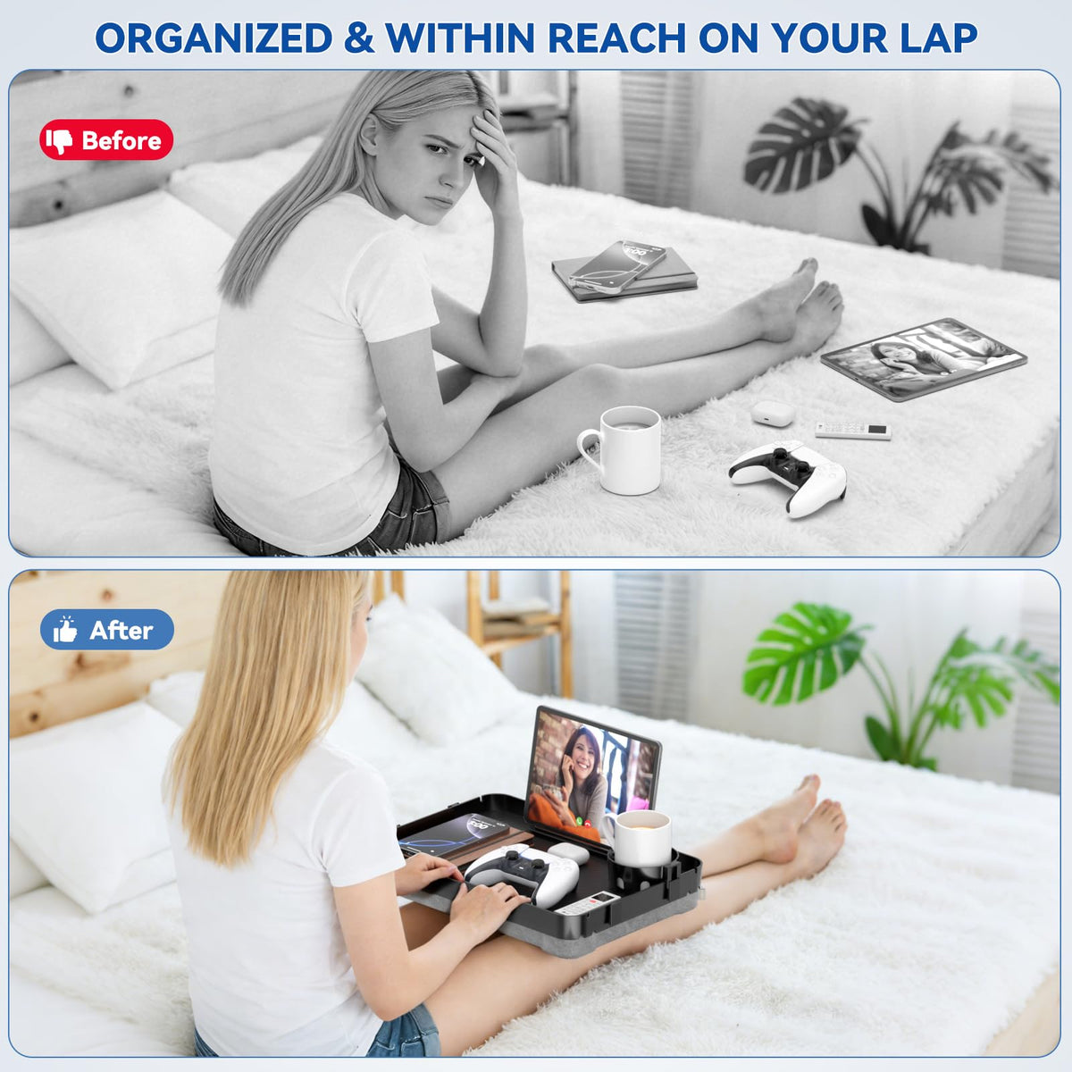 CLESOO lap tray phone holder keeps devices reachable during use