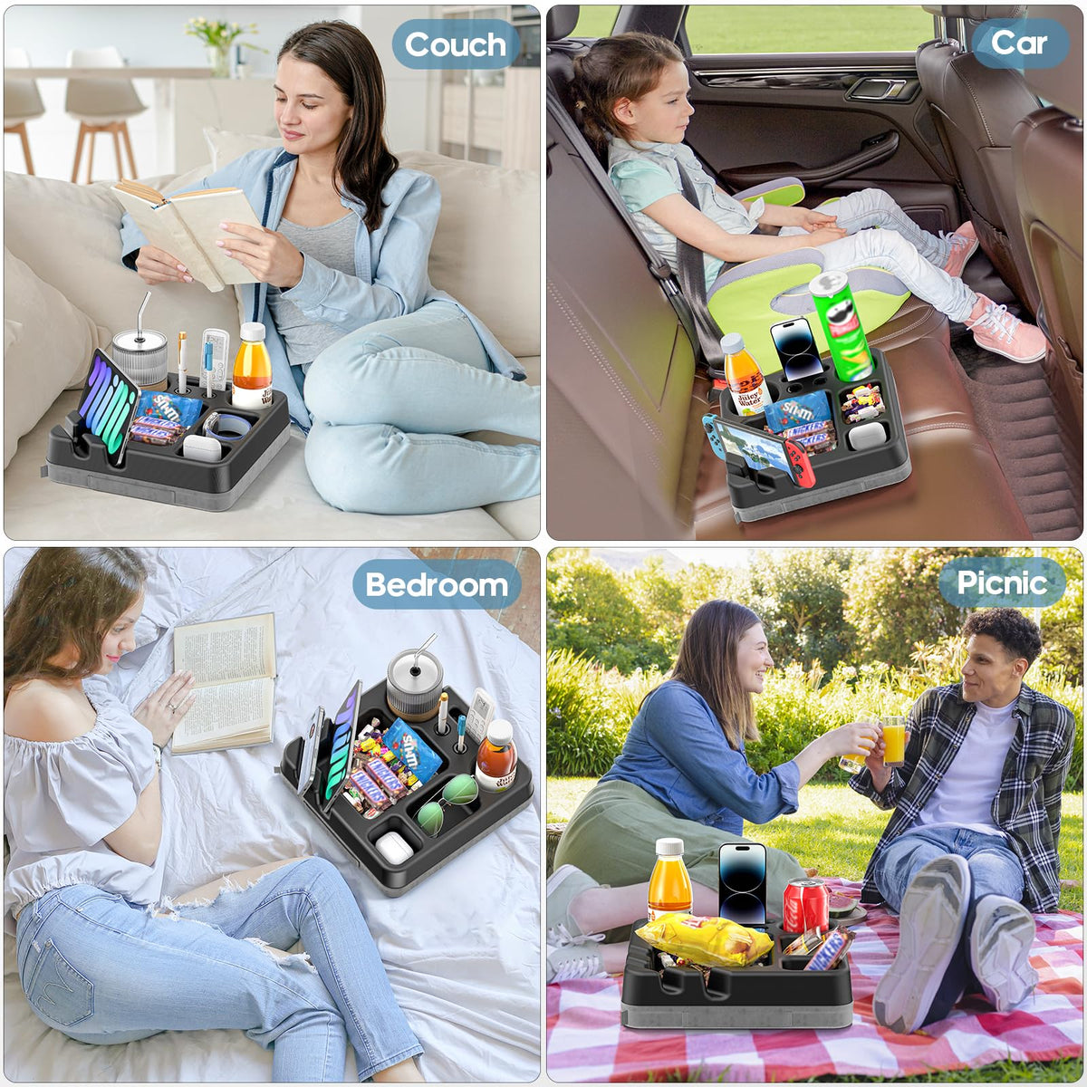 CLESOO portable sofa tray with strap for easy carrying between rooms.