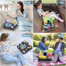 CLESOO portable sofa tray with strap for easy carrying between rooms.