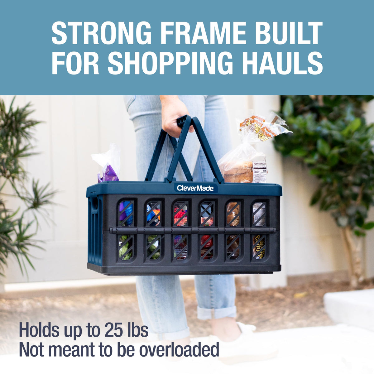 CleverMade 24L basket in car trunk, keeps groceries organized.