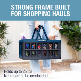 CleverMade 24L basket in car trunk, keeps groceries organized.