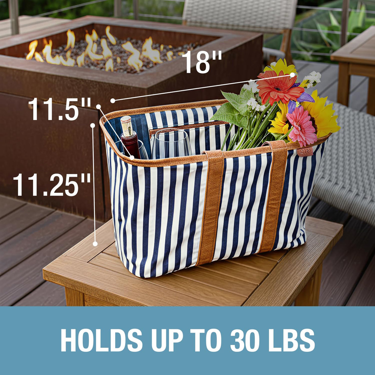 CleverMade Collapsible Luxe Tote navy striped 30L capacity ideal for large shopping trips.