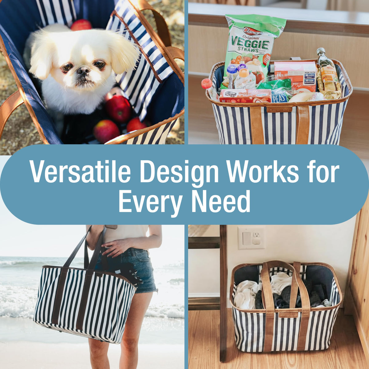 CleverMade Collapsible Luxe Tote navy striped with flat bottom supports upright organization.