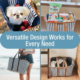 CleverMade Collapsible Luxe Tote navy striped with flat bottom supports upright organization.