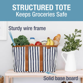 CleverMade Collapsible Luxe Tote navy striped folded compact for storage in cars.