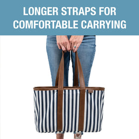 CleverMade Collapsible Luxe Tote navy striped perfect for quick grocery runs.