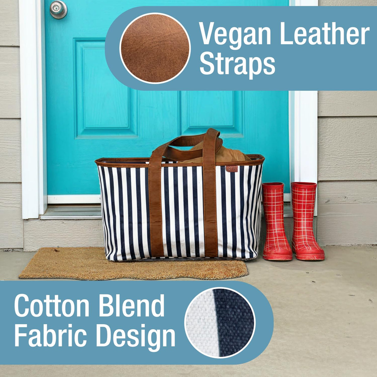 CleverMade Collapsible Luxe Tote navy striped double-stitched handles provide comfortable carrying.