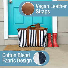 CleverMade Collapsible Luxe Tote navy striped double-stitched handles provide comfortable carrying.