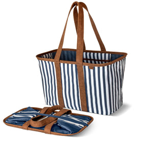 CleverMade Collapsible Luxe Tote navy striped, open view for easy loading and organized groceries.