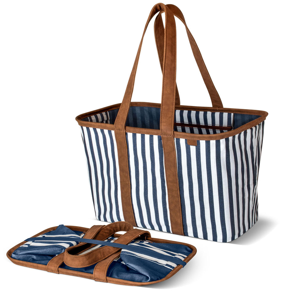 CleverMade Collapsible Luxe Tote navy striped, open view for easy loading and organized groceries.