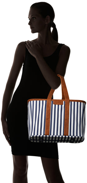 CleverMade Collapsible Luxe Tote navy striped standing upright for stable loading.