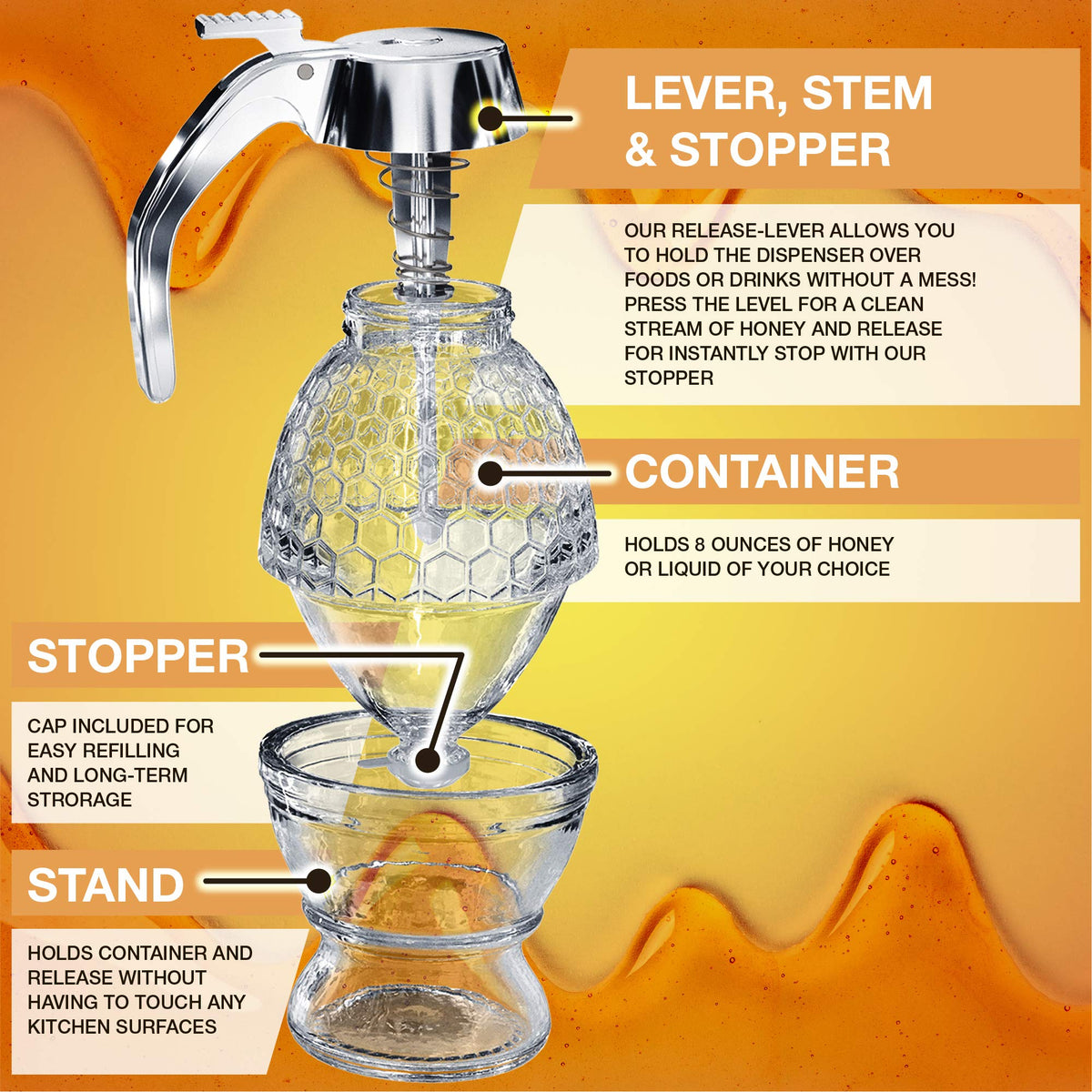 CLEVLI maple syrup dispenser in glass for clean, controlled servings.