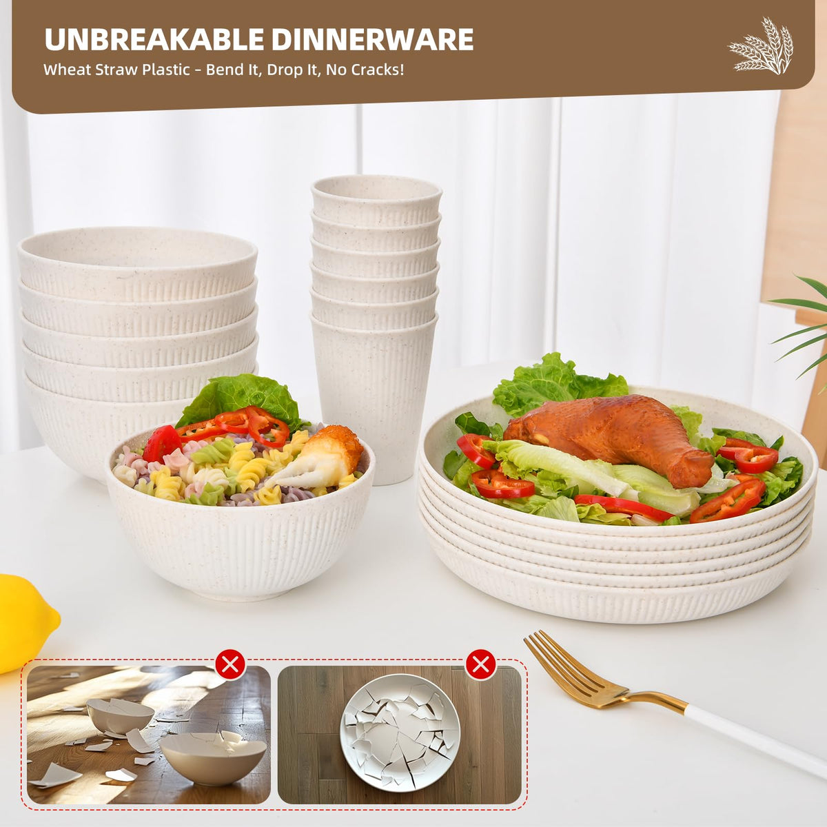 CLIFF'S KITCHEN wheat straw dinnerware is microwave safe for quick reheats
