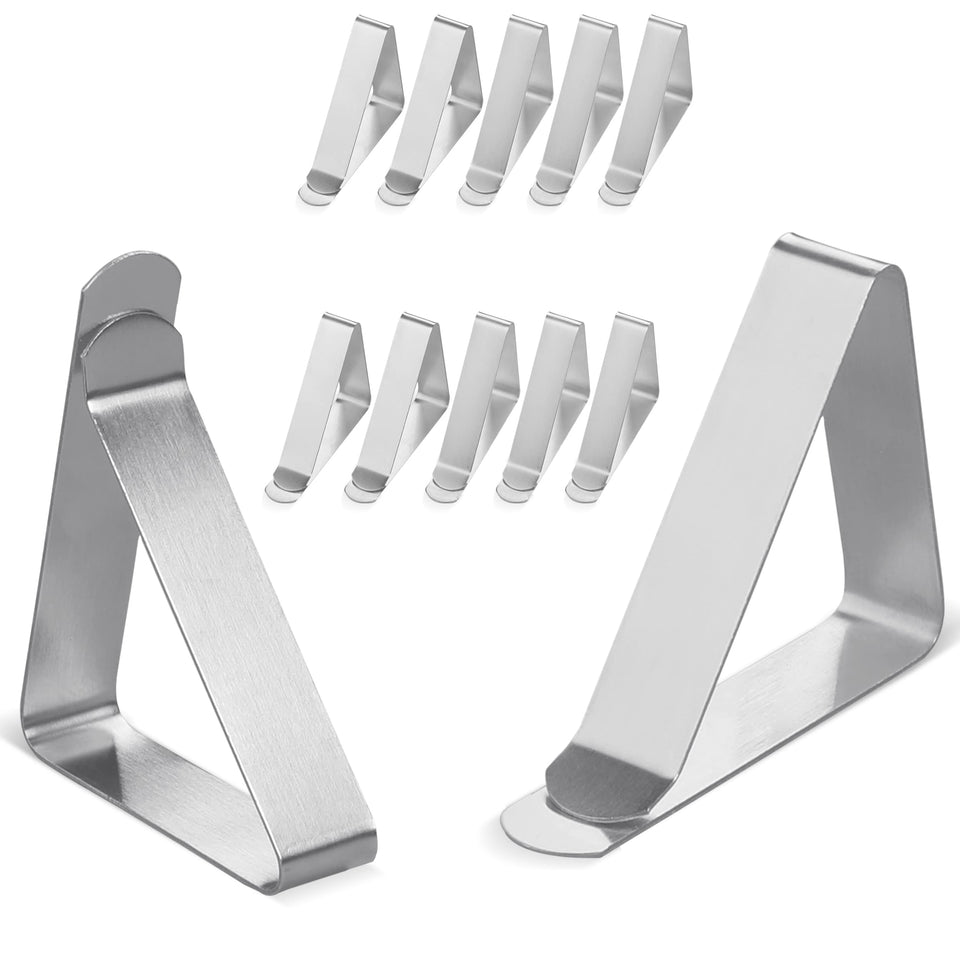 Clipra large tablecloth clips in stainless steel for outdoor tables.