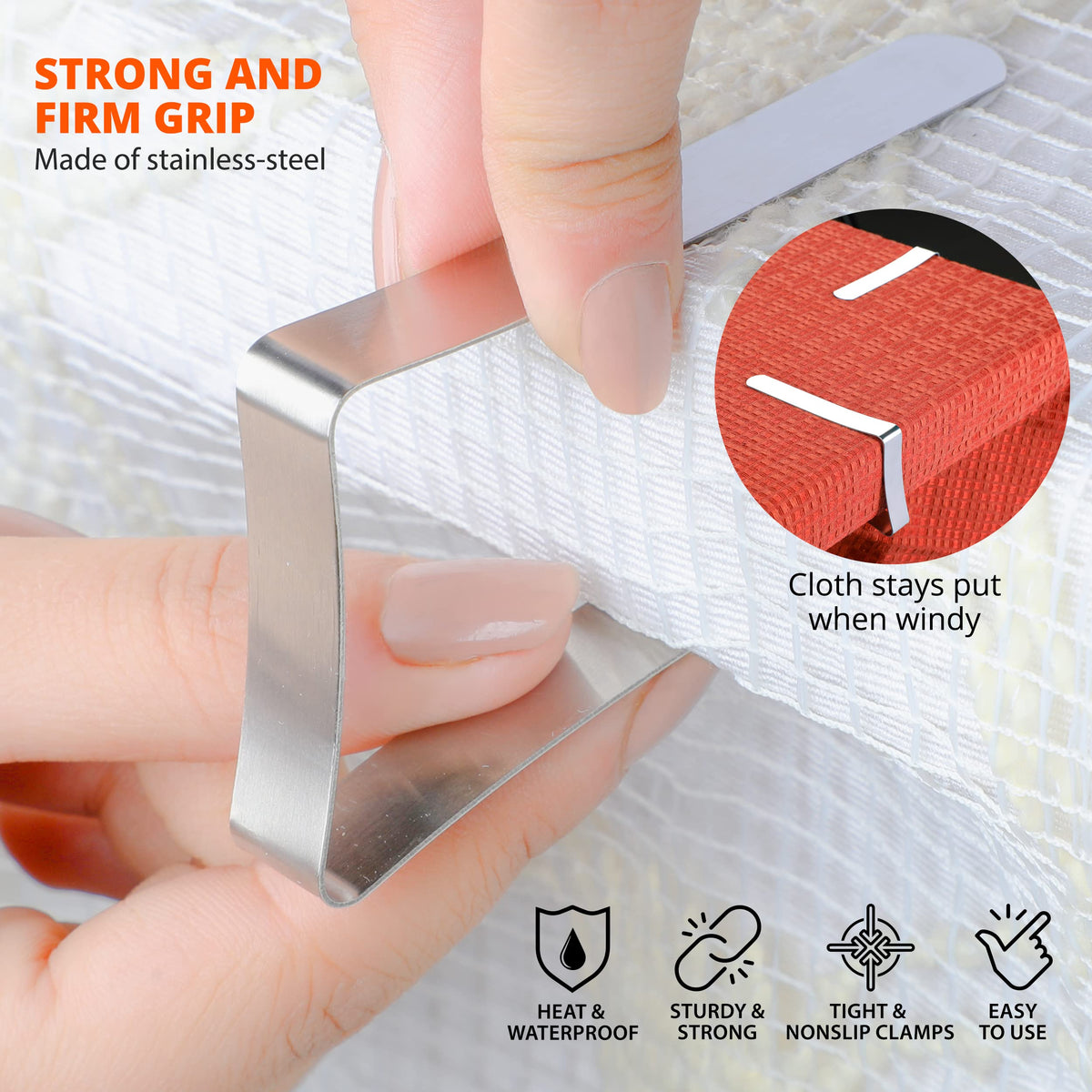 Clipra outdoor picnic table clip keeps cloth in place.