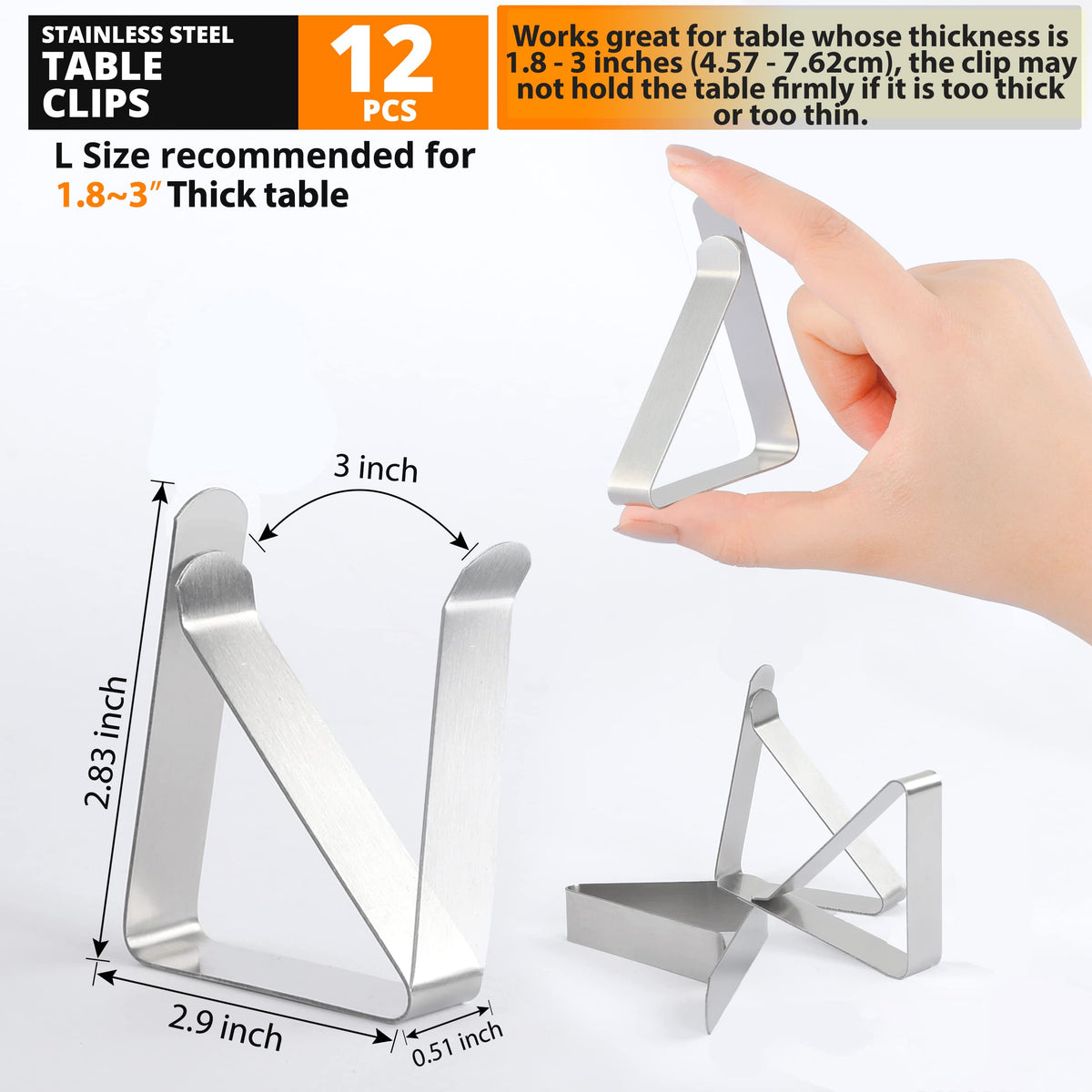 Clipra table cloth clip close-up shows durable stainless edge.