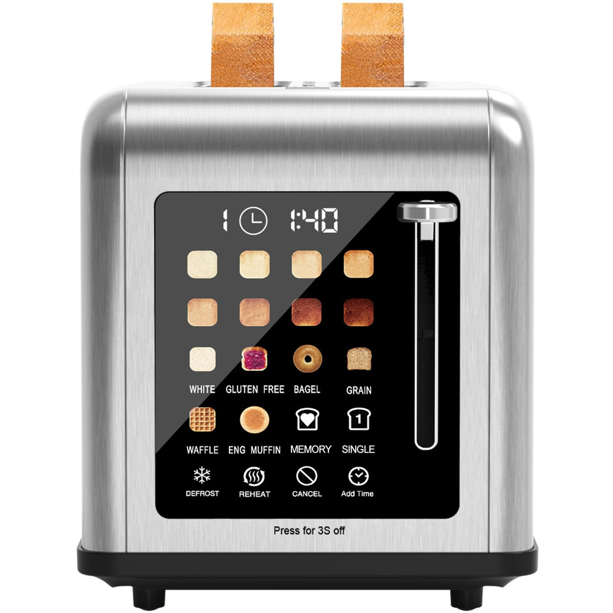 Clixane 2-slice toaster front view with touch screen for precise toasting