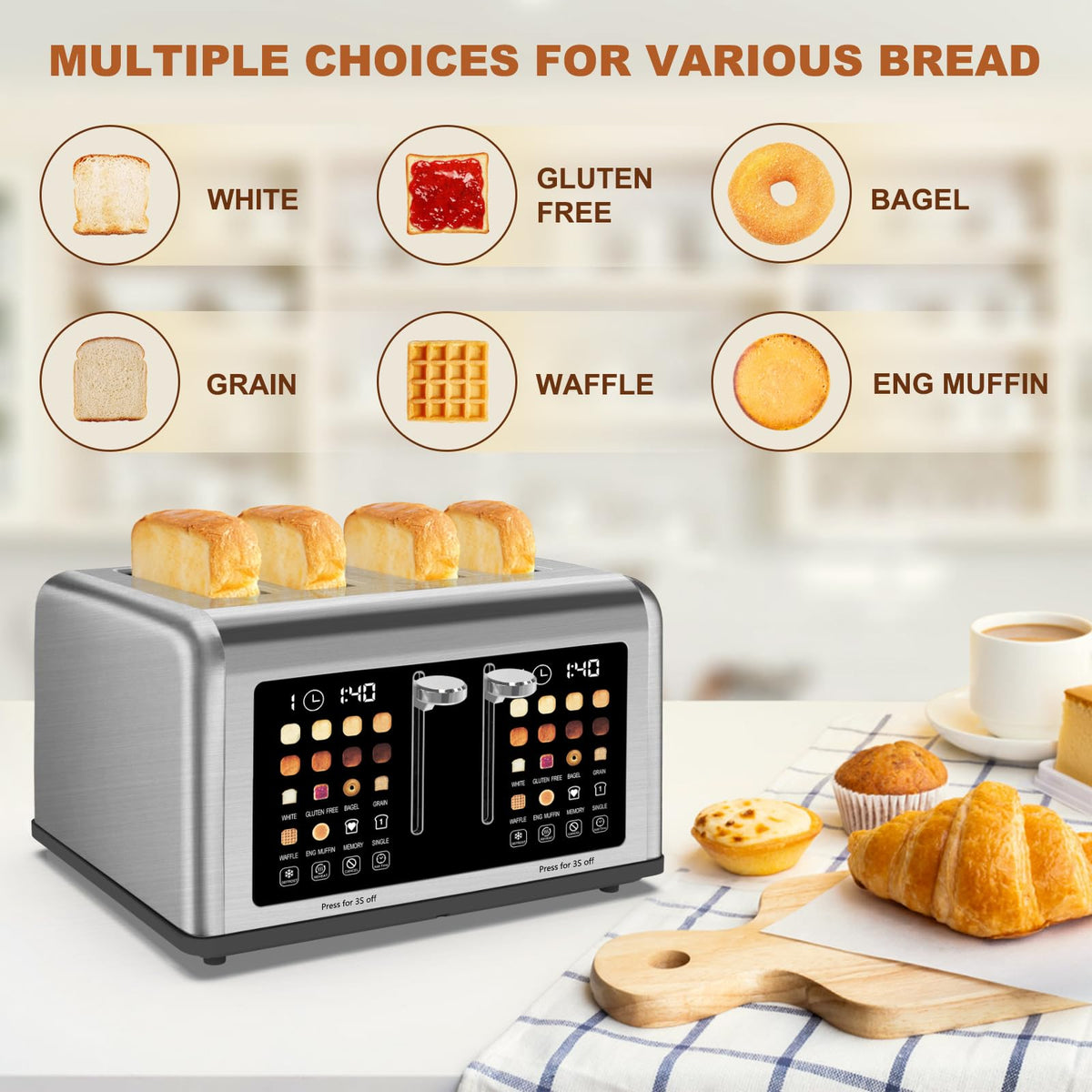 Clixane 4-Slice Toaster eight shade settings for fine-tuned browning