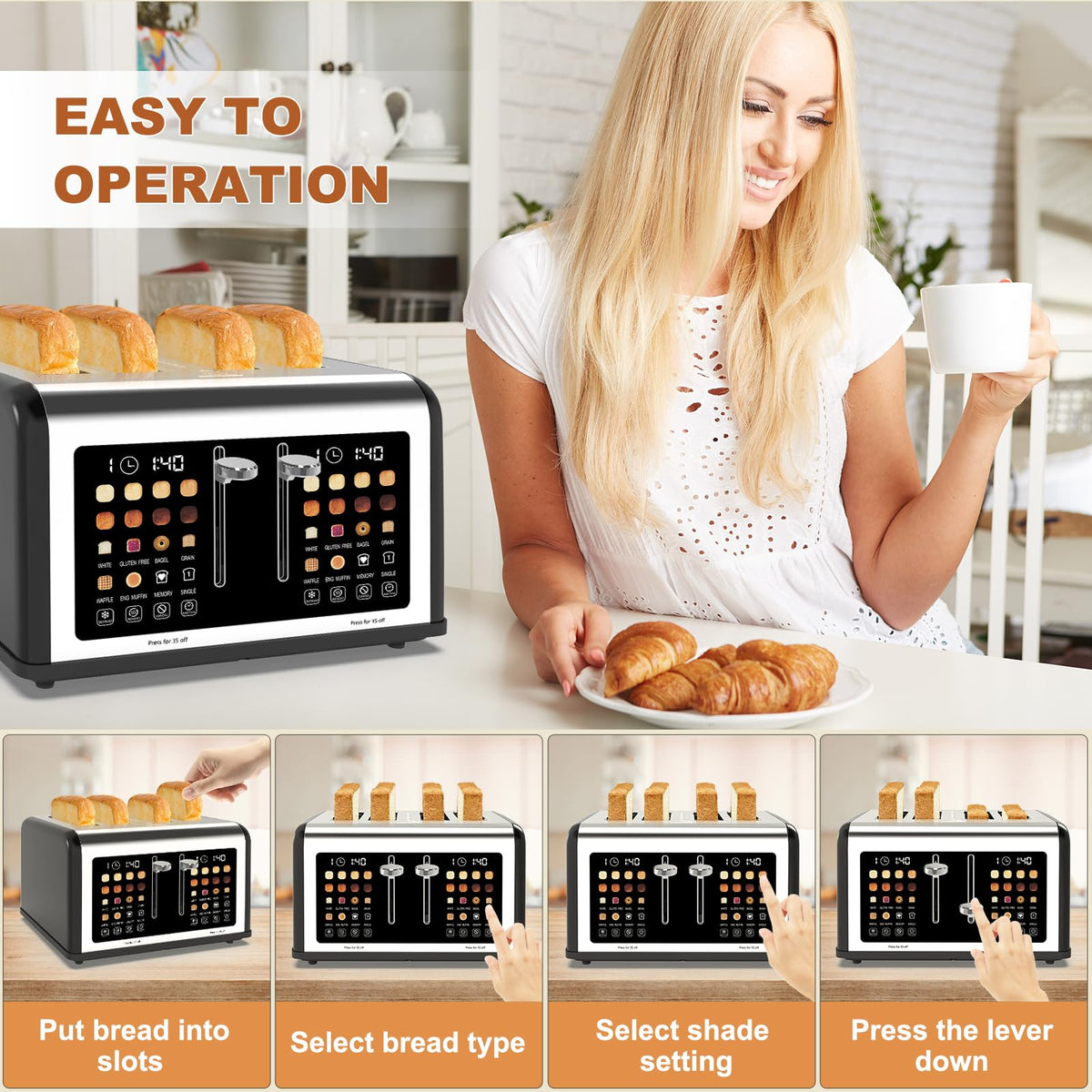 Clixane 4-slice toaster removable crumb trays for simple cleanup.