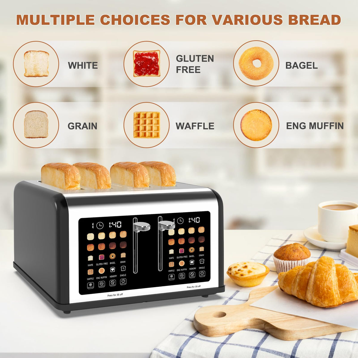 Clixane 4-slice toaster touch screen panel for easy control.