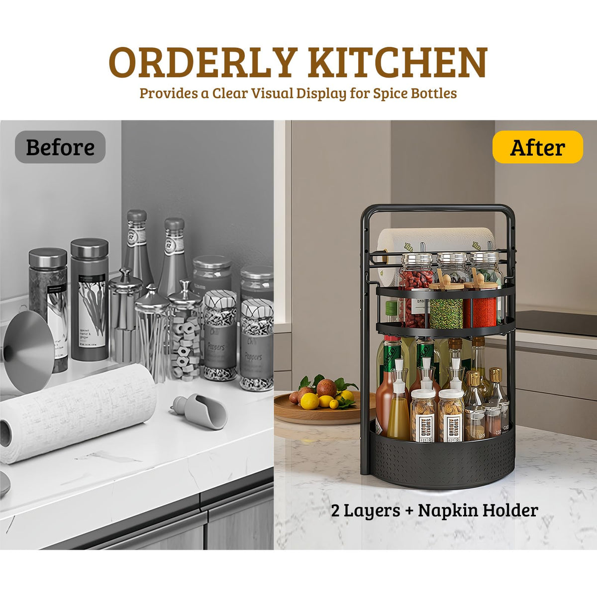 CLOKTA Rotating Spice Rack suits countertops, cabinets, or pantries.