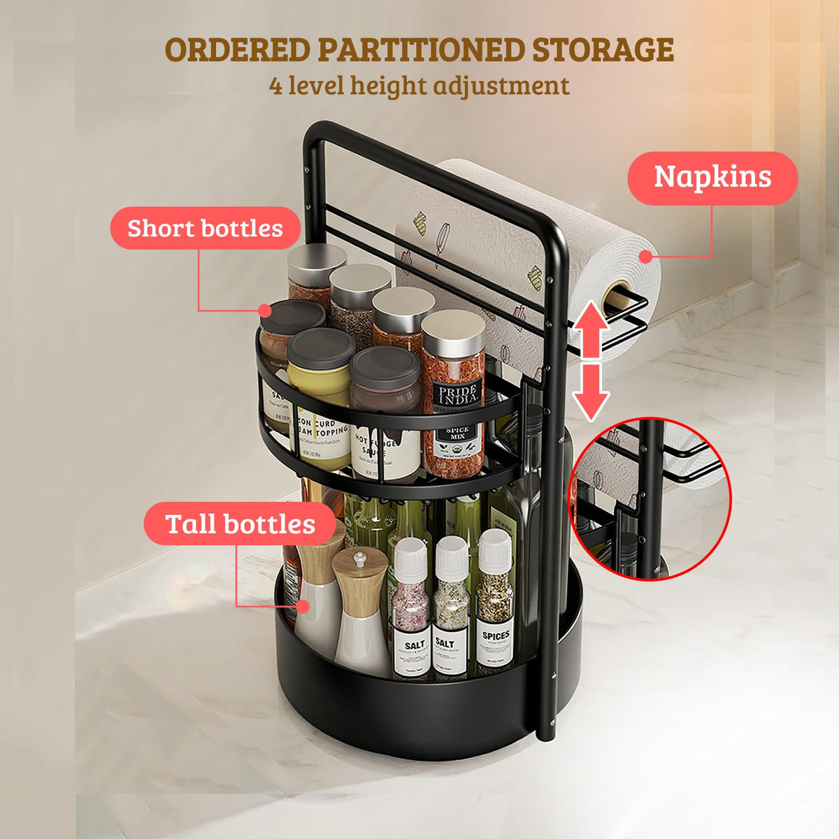 CLOKTA Rotating Spice Rack with adjustable-height shelves for tall jars.