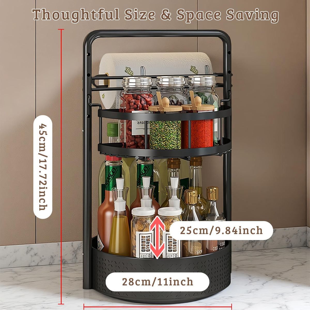 CLOKTA Rotating Spice Rack features durable rust-resistant metal construction.