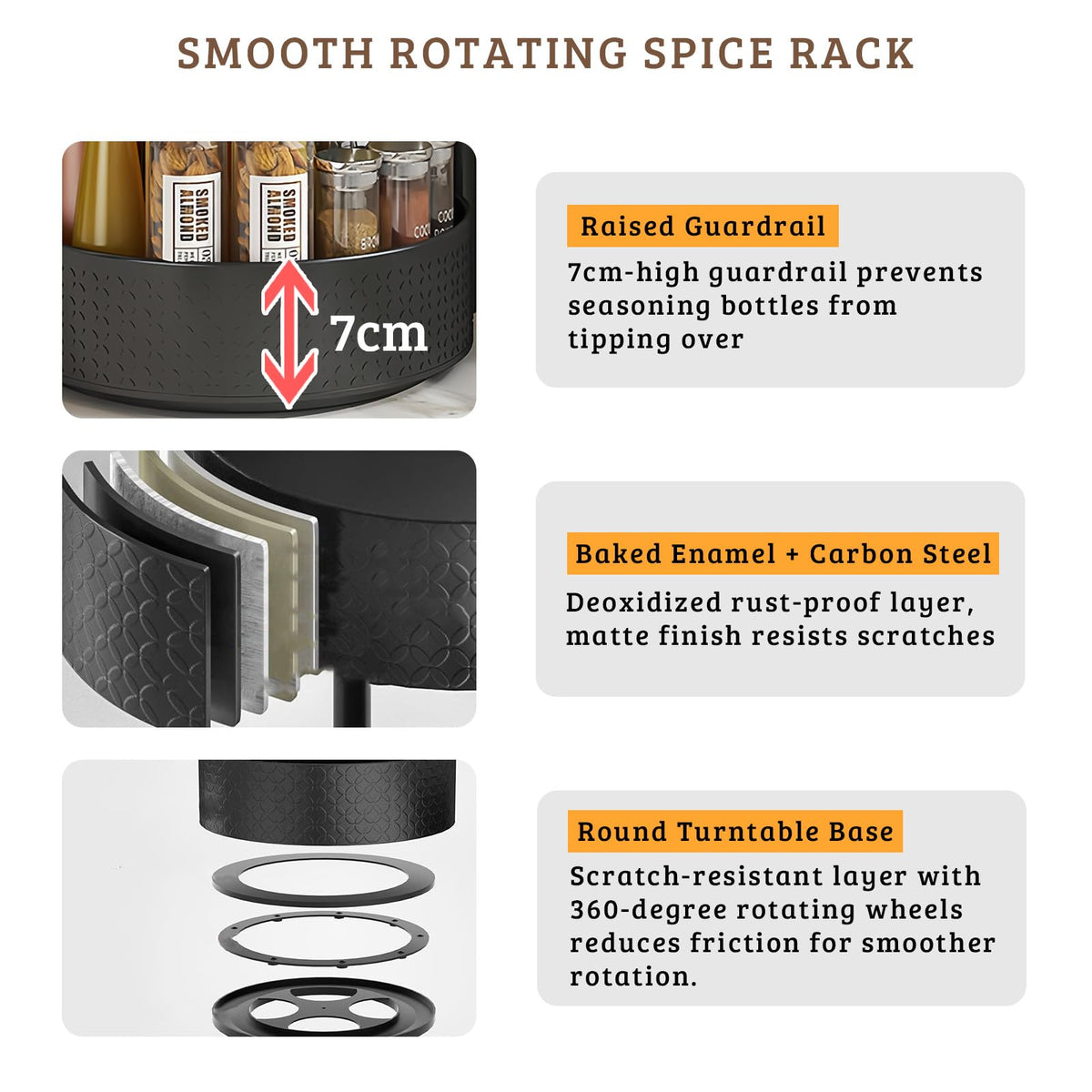 CLOKTA Rotating Spice Rack includes a carrying handle for easy relocation.