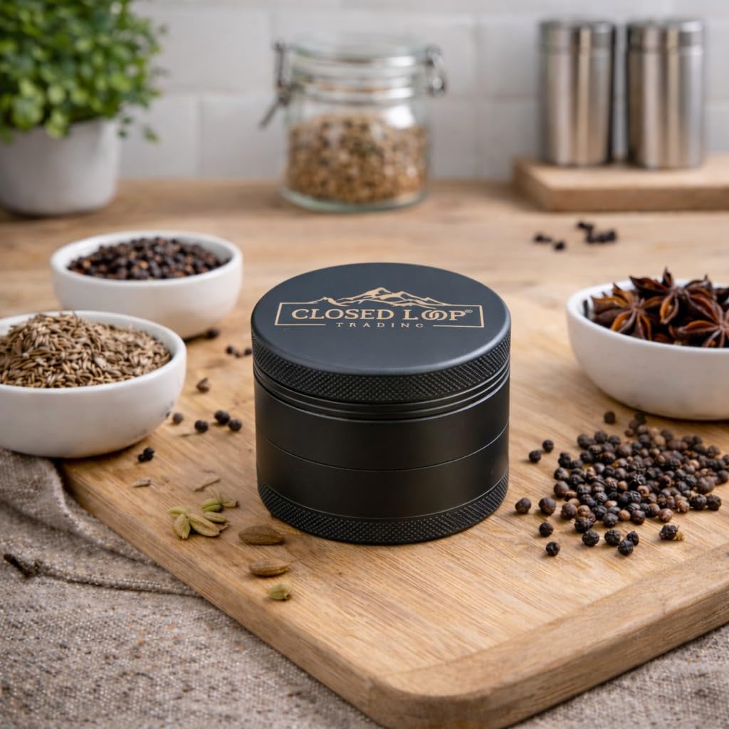 Closed Loop Trading manual spice grinder outer finish emphasizes matte rubber grip for comfortable handling.