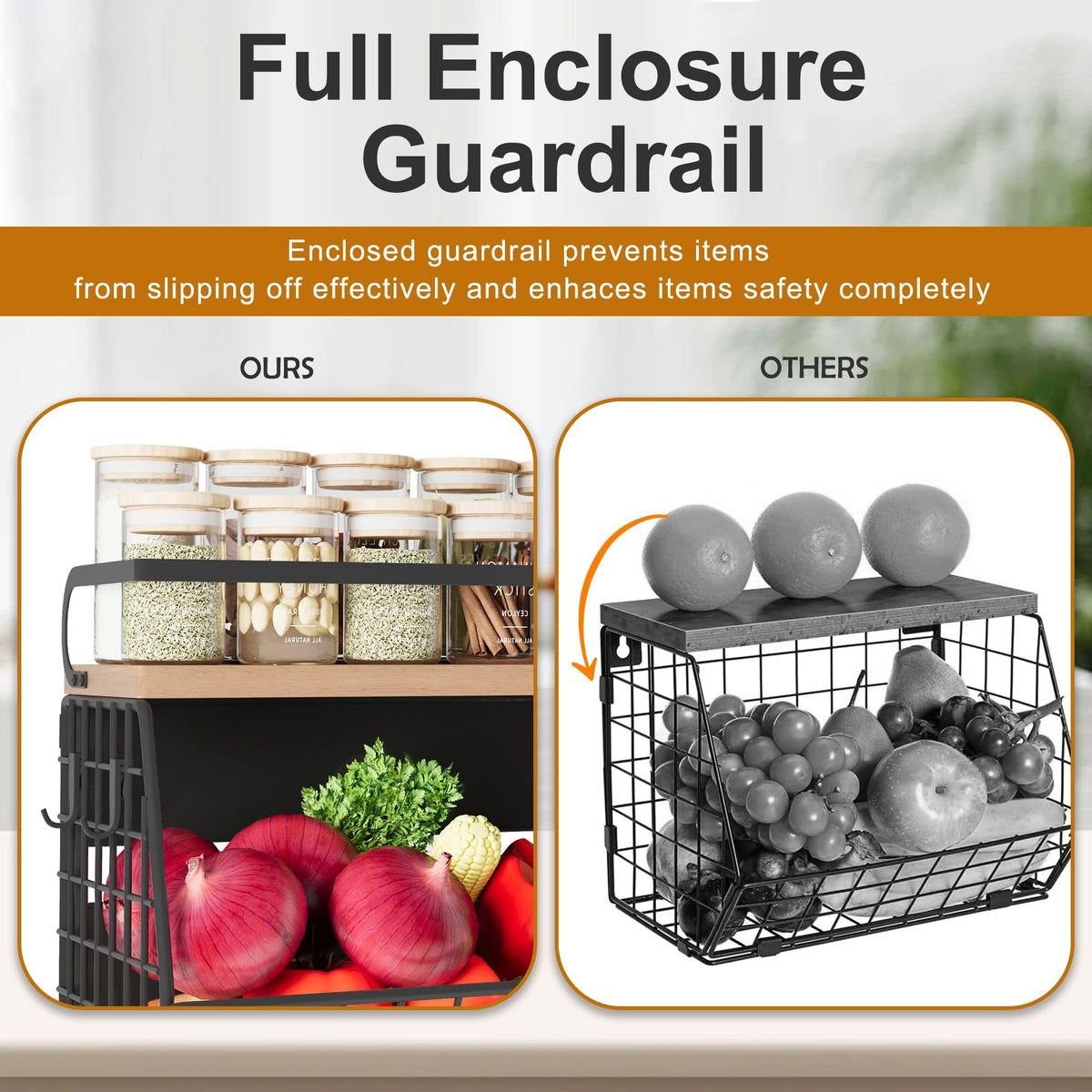 Clothink wall-mounted basket with wood top keeps countertop clutter down.