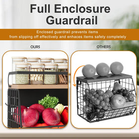 Clothink wall-mounted basket with wood top keeps countertop clutter down.
