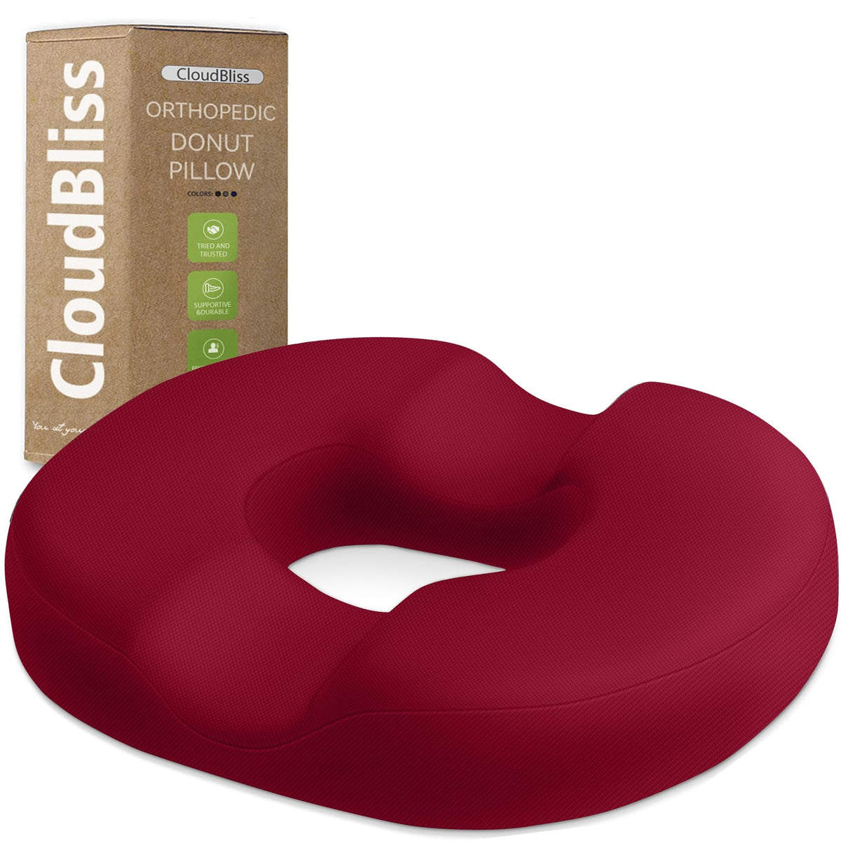 CloudBliss Donut Pillow front view highlighting tailbone support for long sits