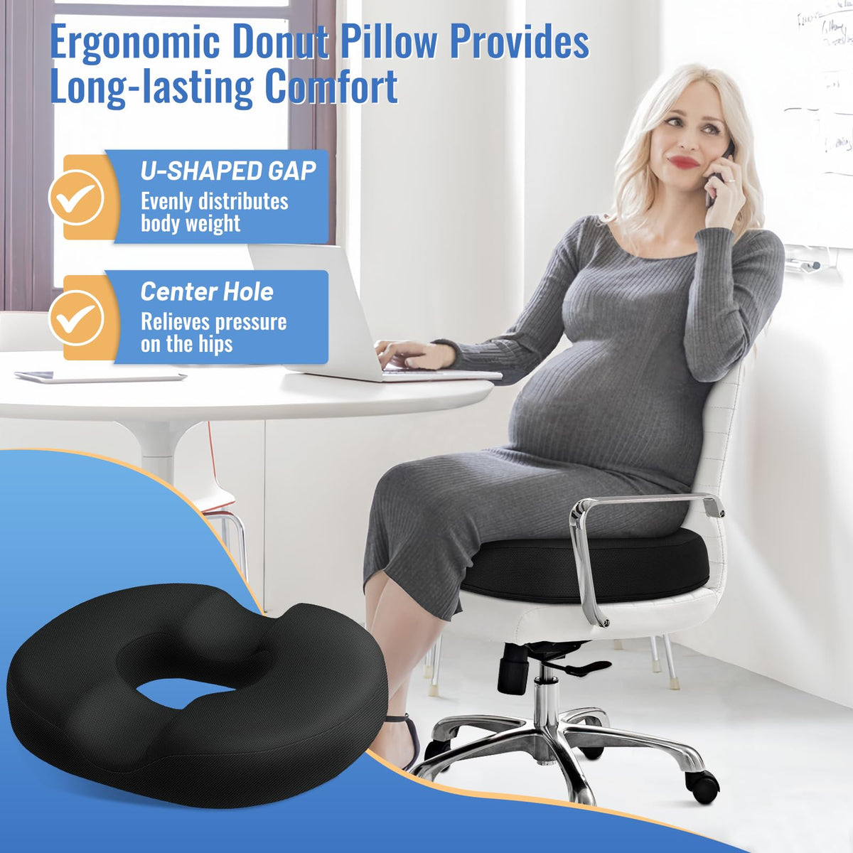 CloudBliss donut pillow memory foam core provides durable comfort.