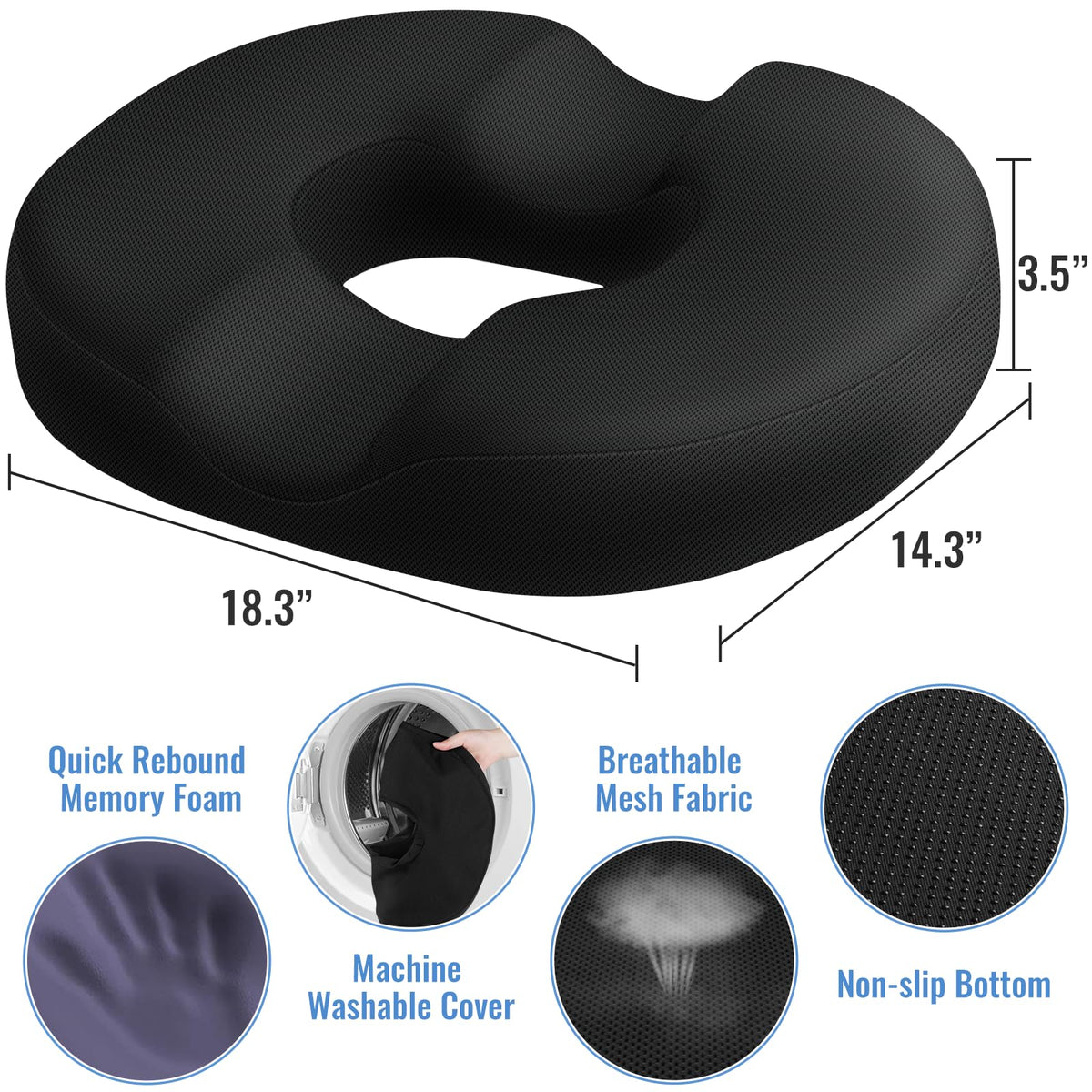 Close-up of CloudBliss donut pillow showing the ergonomic tailbone support.