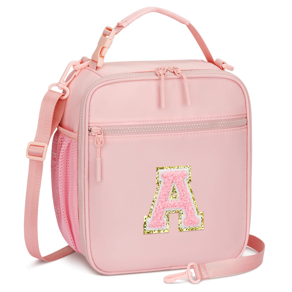 CloudWINGS Initial Insulated Lunch Bag in pink with a personalized patch keeps meals fresh
