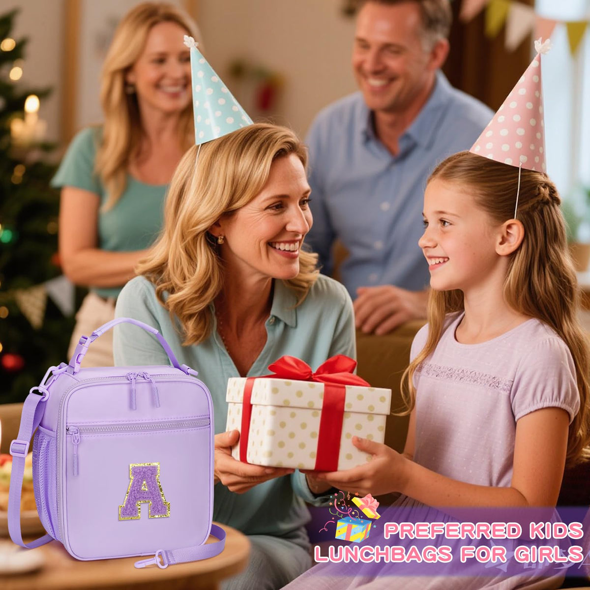 Gift-ready CloudWings lunch bag in purple with personalized charm