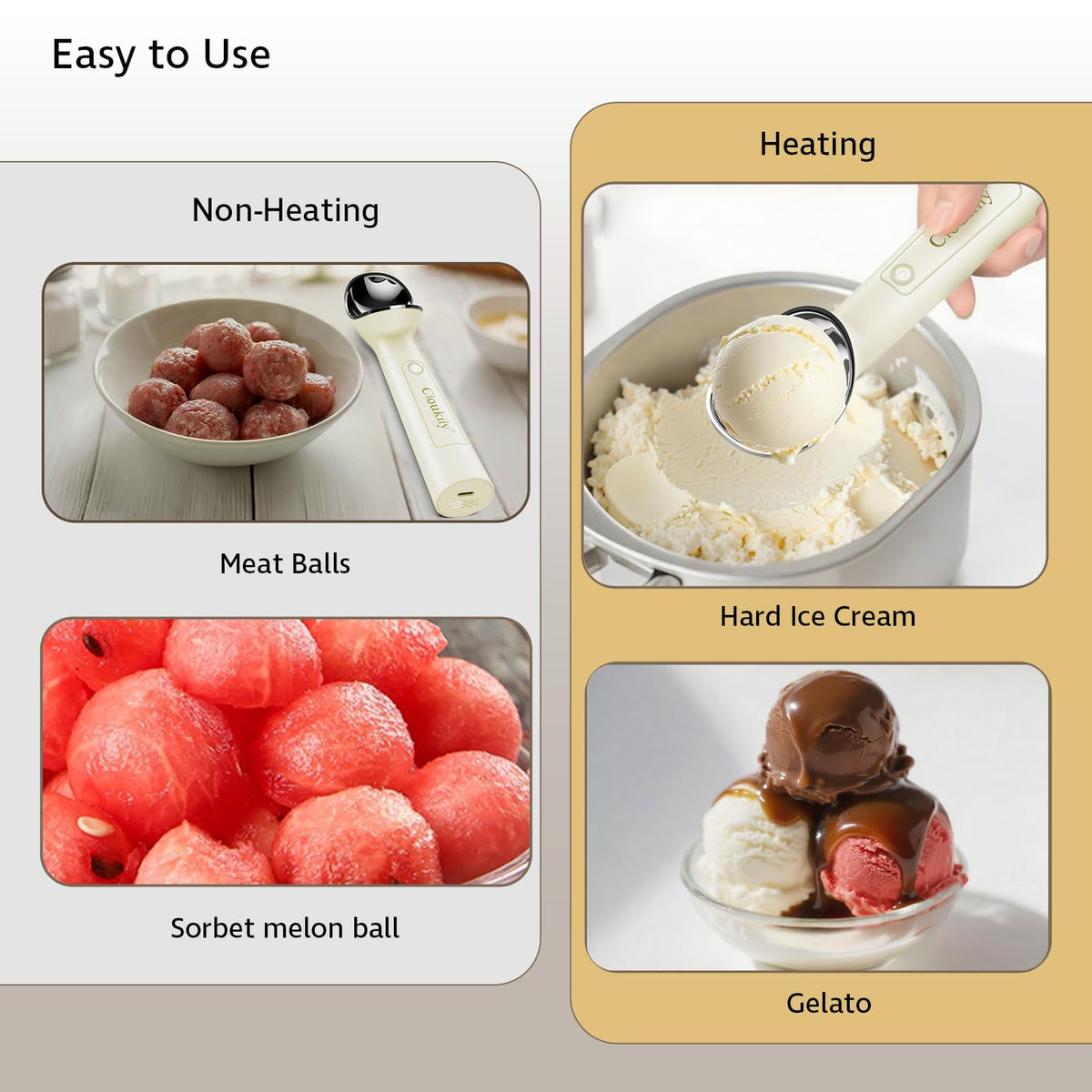 Cloukily rechargeable battery-powered scoop offers cord-free convenience for ready scoops.