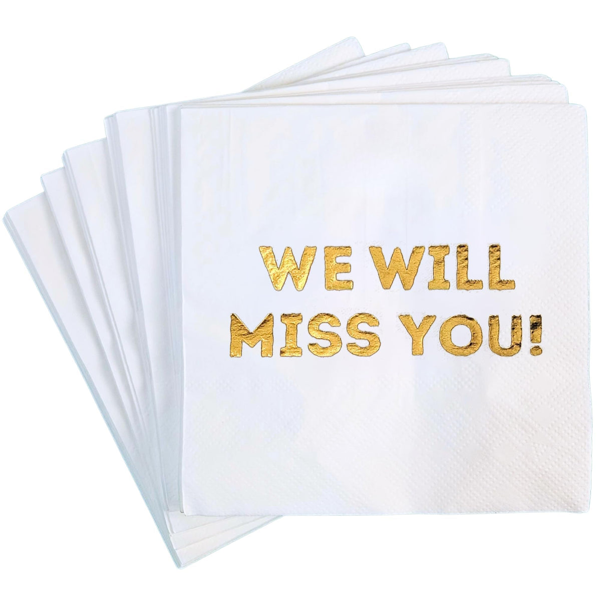 Cloverjoyed We Will Miss You napkins in white, ideal for farewell celebrations and table decor.