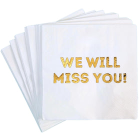 Cloverjoyed We Will Miss You napkins in white, ideal for farewell celebrations and table decor.