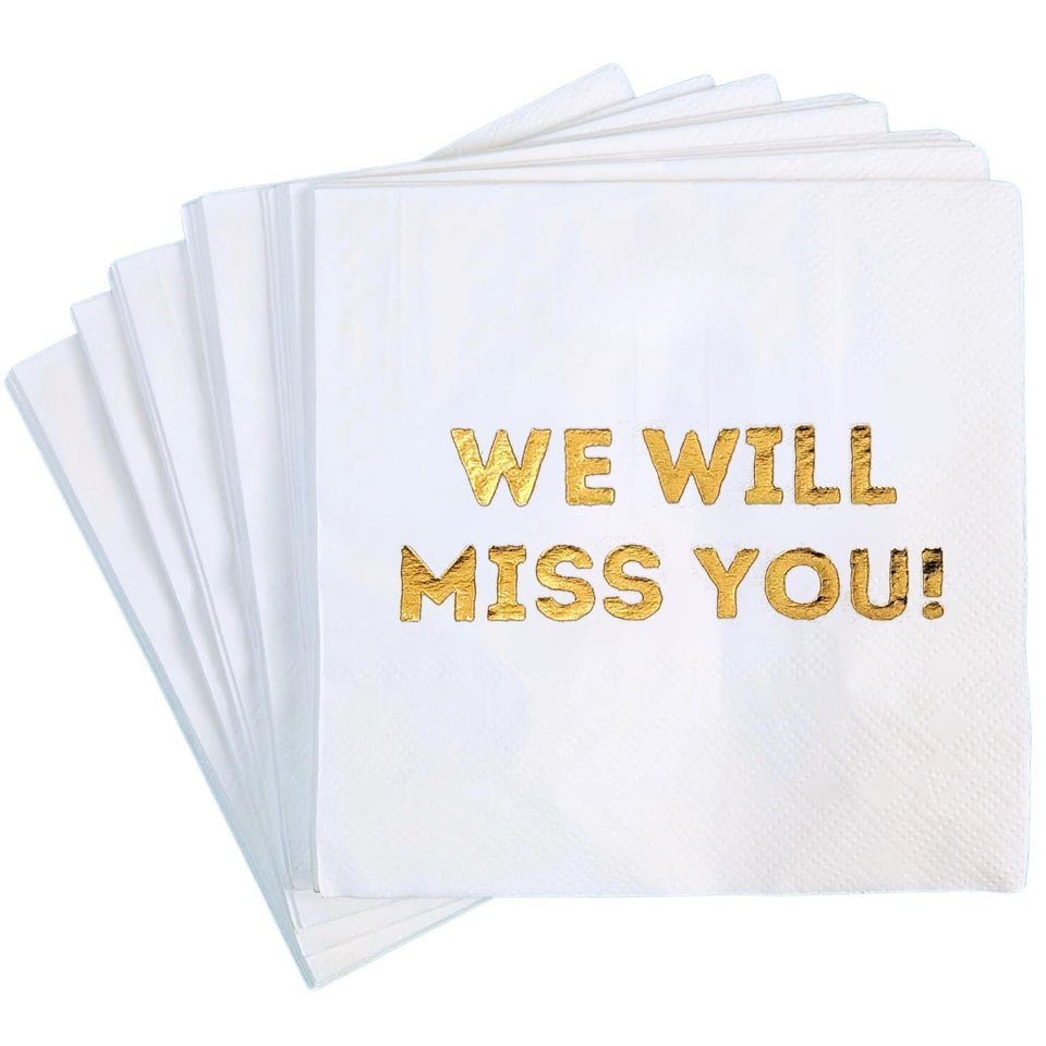 Cloverjoyed We Will Miss You napkins in white, ideal for farewell celebrations and table decor.